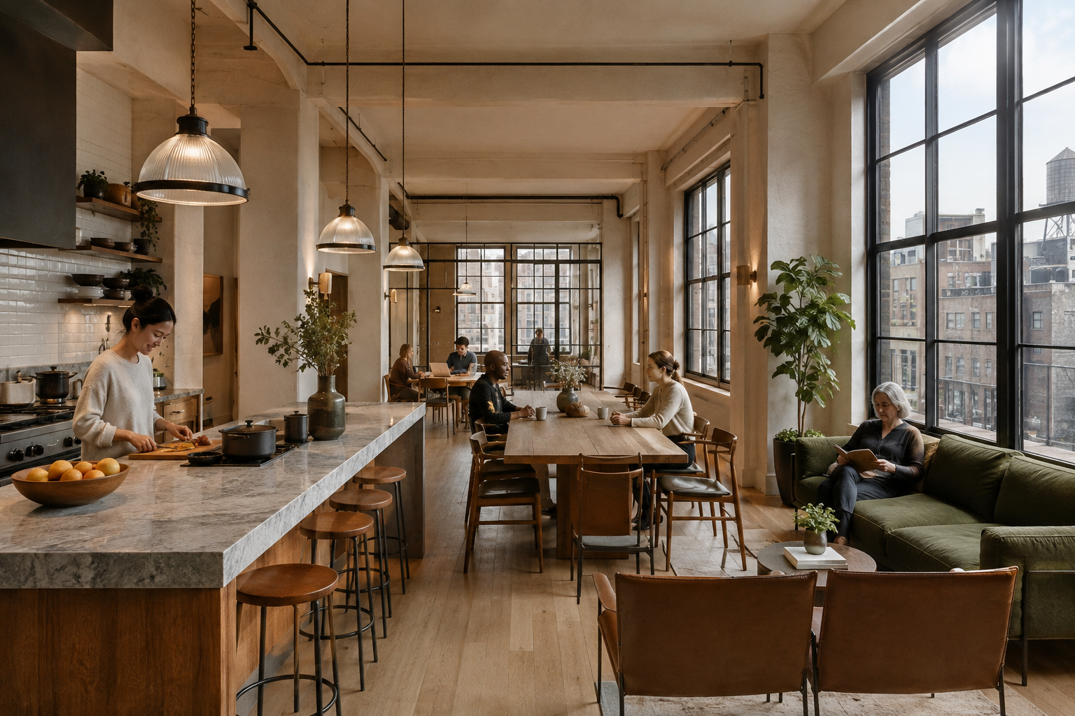 Concept for shared dining, kitchen, and lounge spaces